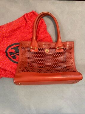 Tory Burch Perforated Leather Tote in Burnt Orange with Gold Hardware